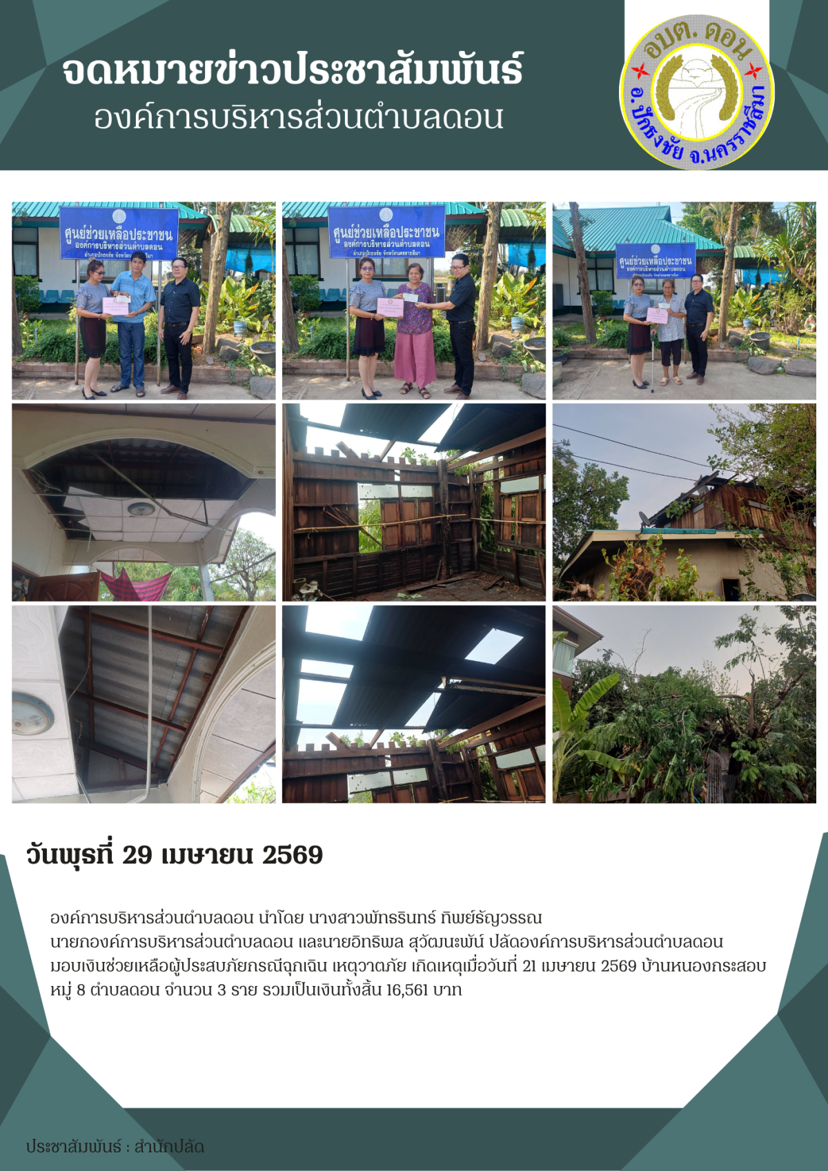 มอบเงินช่วยเหลือผู้ประสบภัยกรณีฉุกเฉิน เหตุวาตภัย เกิดเหตุเมื่อวันที่21เม.ย 69 