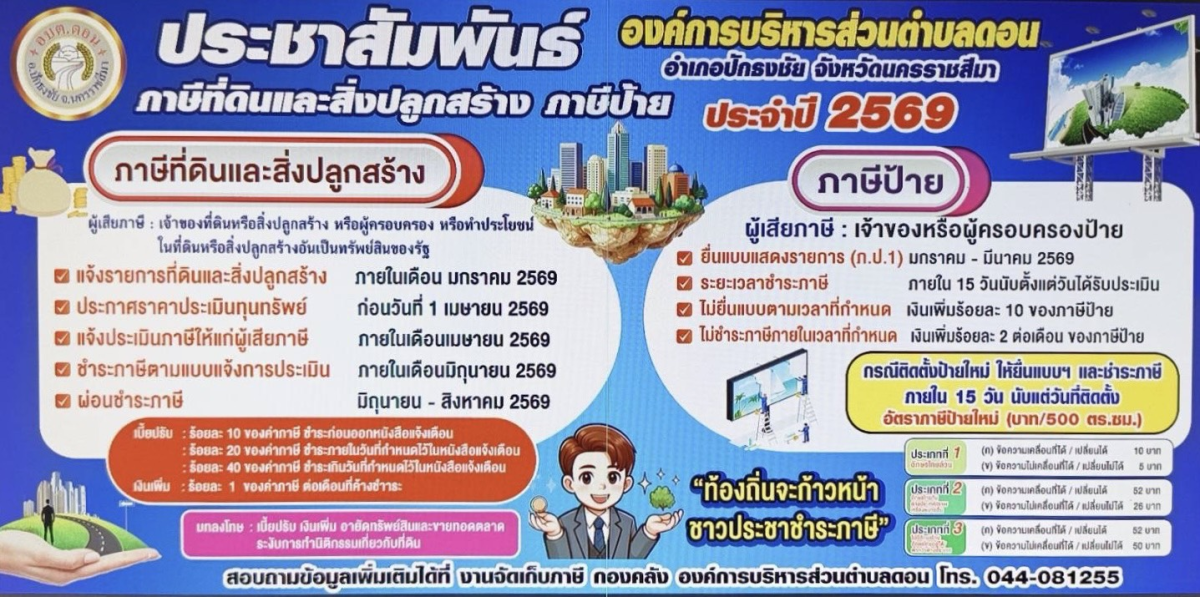 กำหนดการชำระภาษีที่ดินฯ และภาษีป้าย ประจำปี 2569 